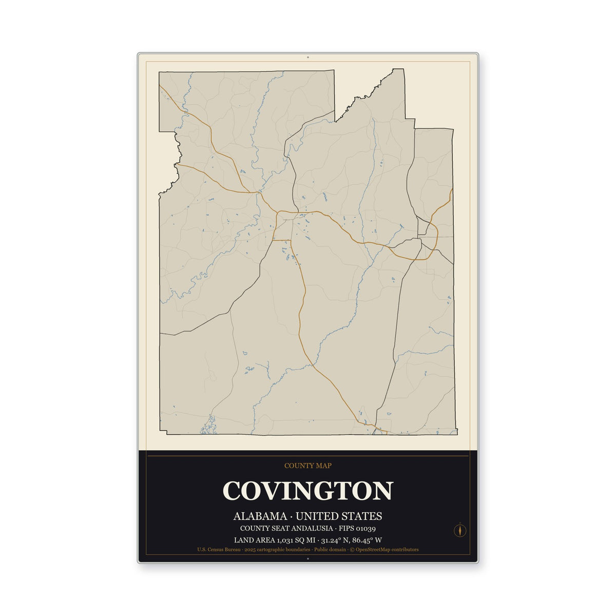 Covington County, Alabama Map Aluminum Sign in Museum Plaque style