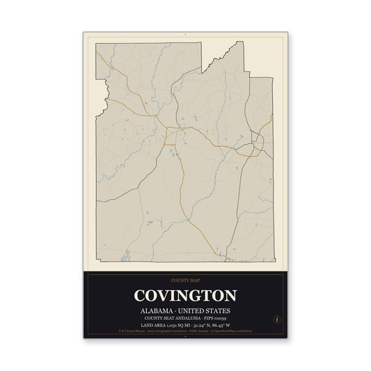 Covington County, Alabama Map Aluminum Sign in Museum Plaque style
