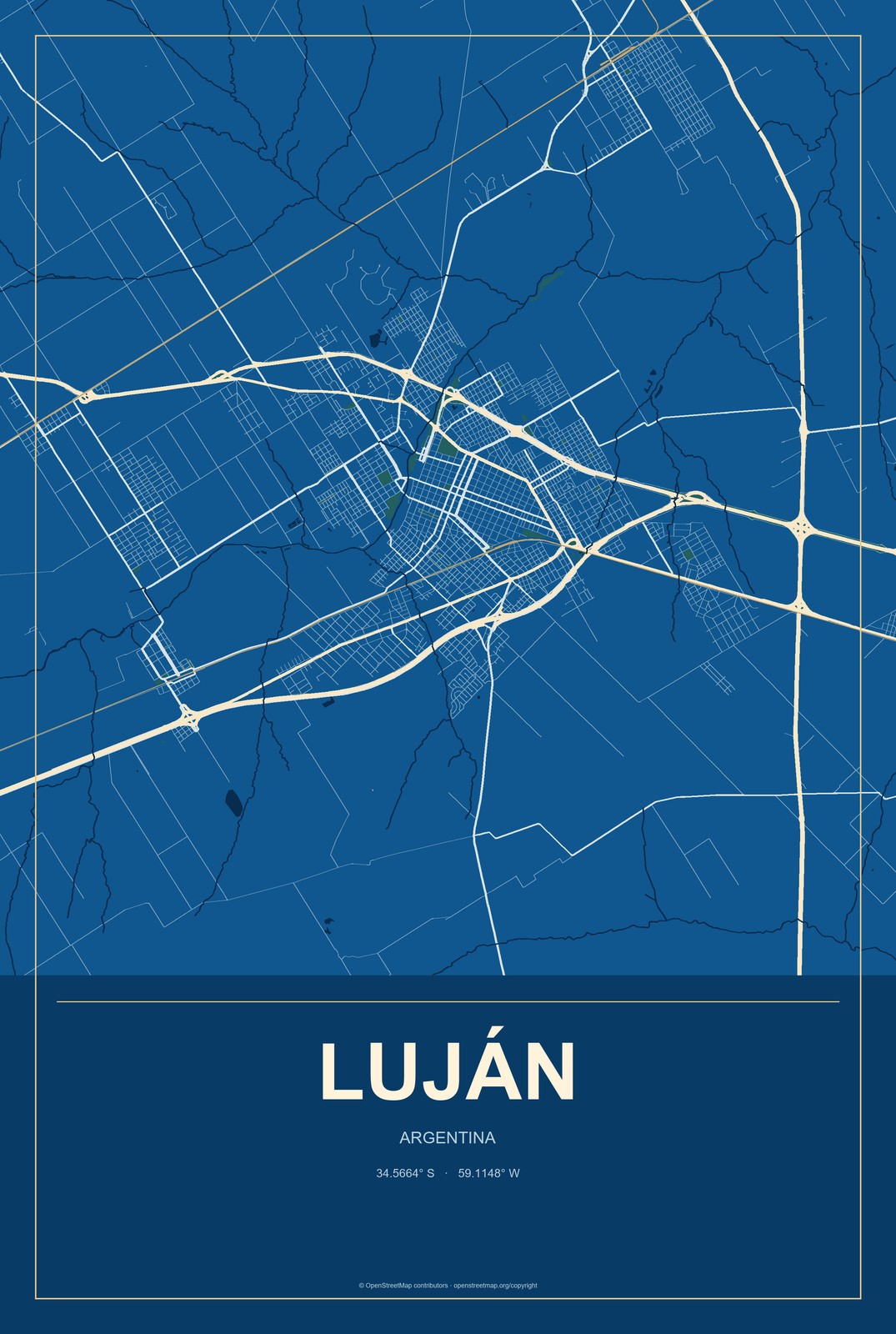 Luján, Argentina City Map Aluminum Sign in Harbor Cobalt style