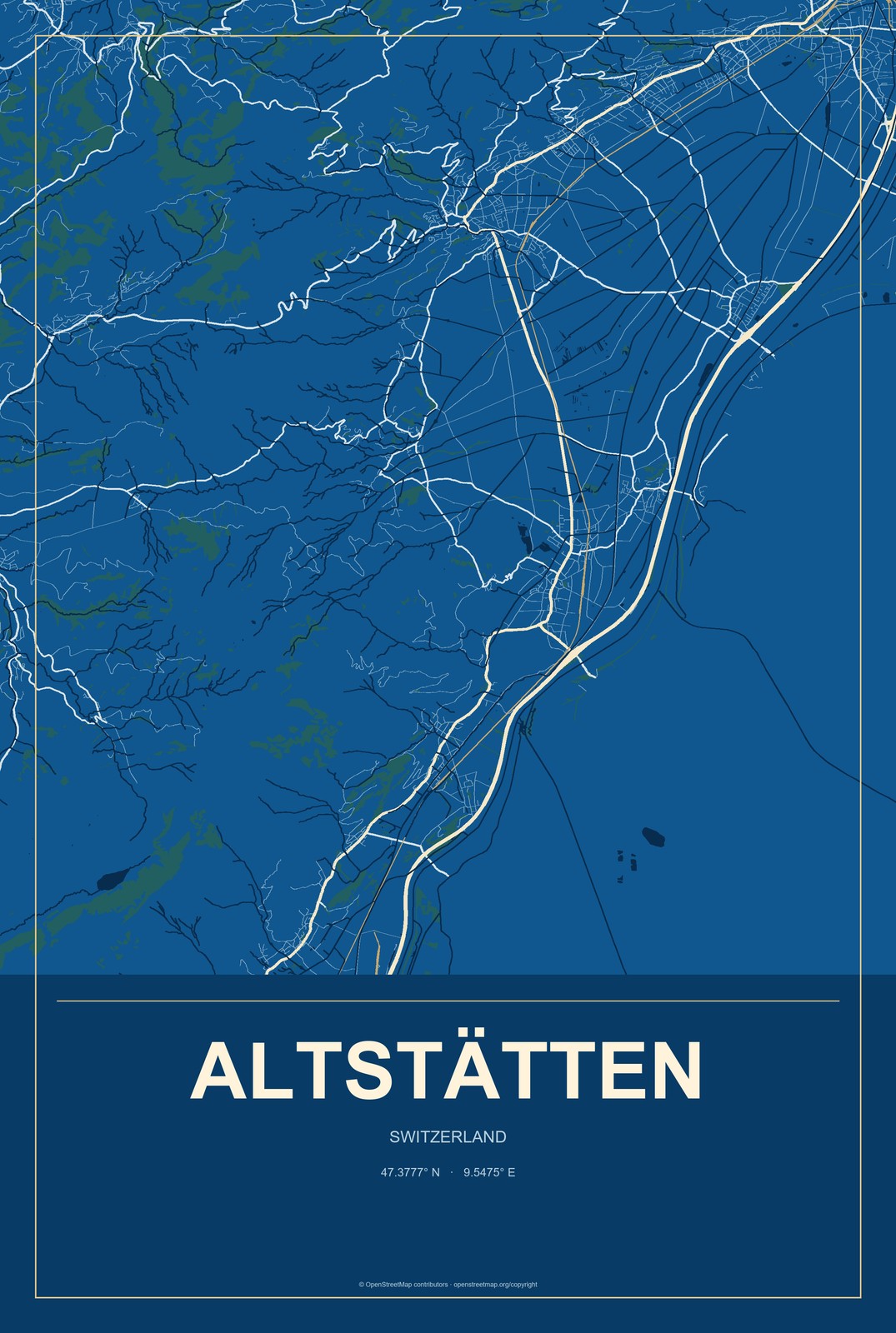 Altstätten, Switzerland City Map Aluminum Sign in Harbor Cobalt style