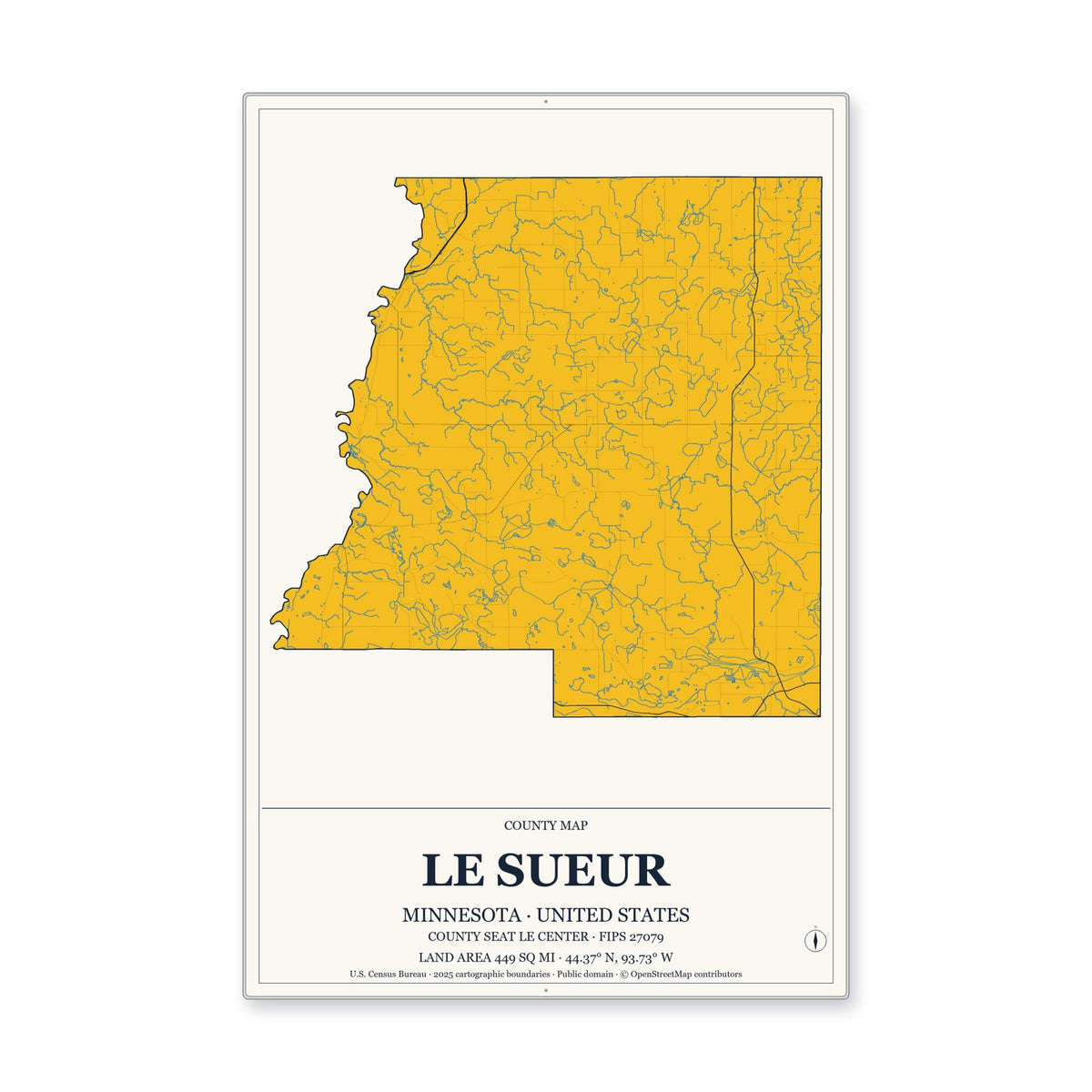 Le Sueur County, Minnesota Map Aluminum Sign in Citrine Modern style