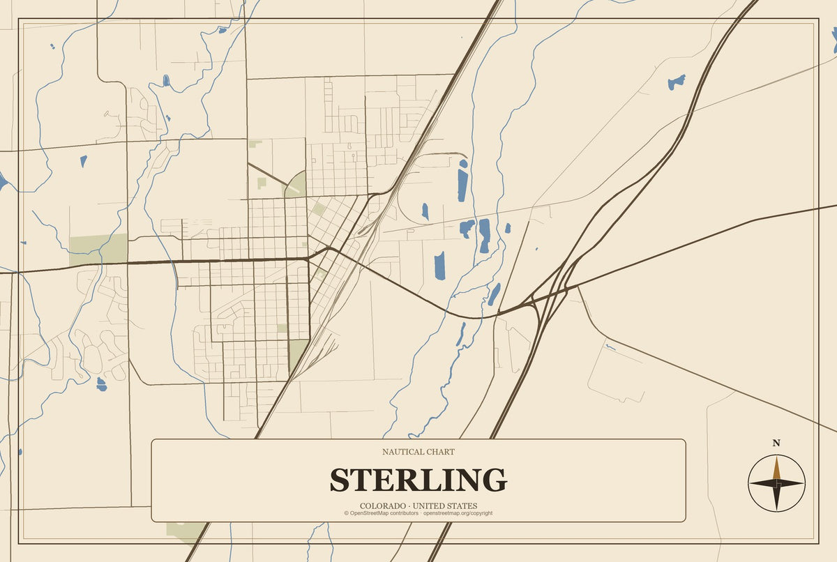 Sterling, Colorado City Map Aluminum Sign in Heritage Nautical style