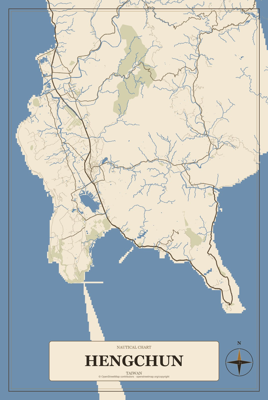 Hengchun, Taiwan City Map Aluminum Sign in Heritage Nautical style