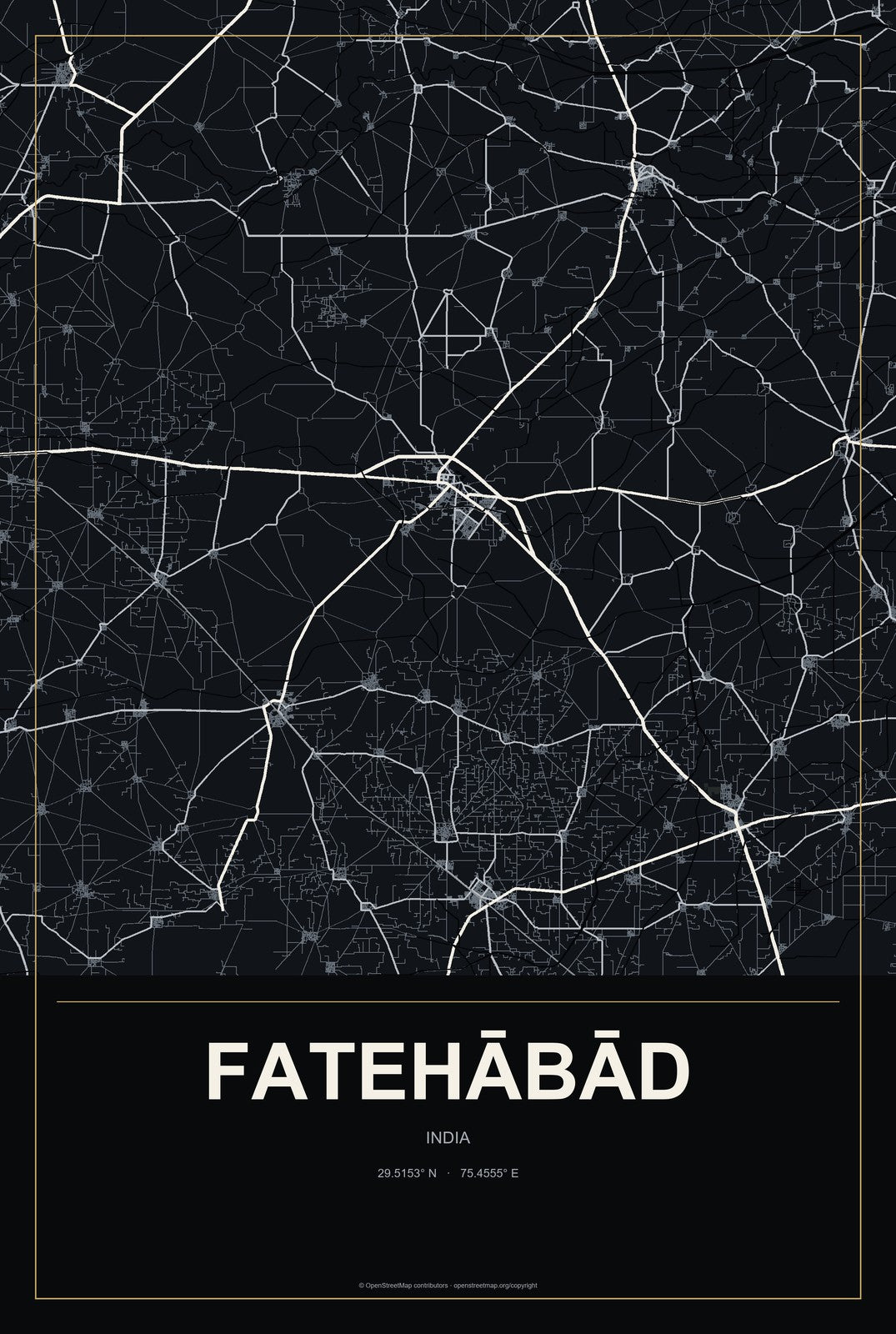 Fatehābād, Haryana, India City Map Aluminum Sign in Metropolitan Noir style