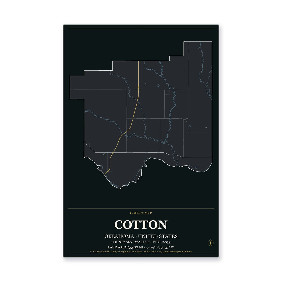 Cotton County, Oklahoma Map Aluminum Sign in Metropolitan Noir style