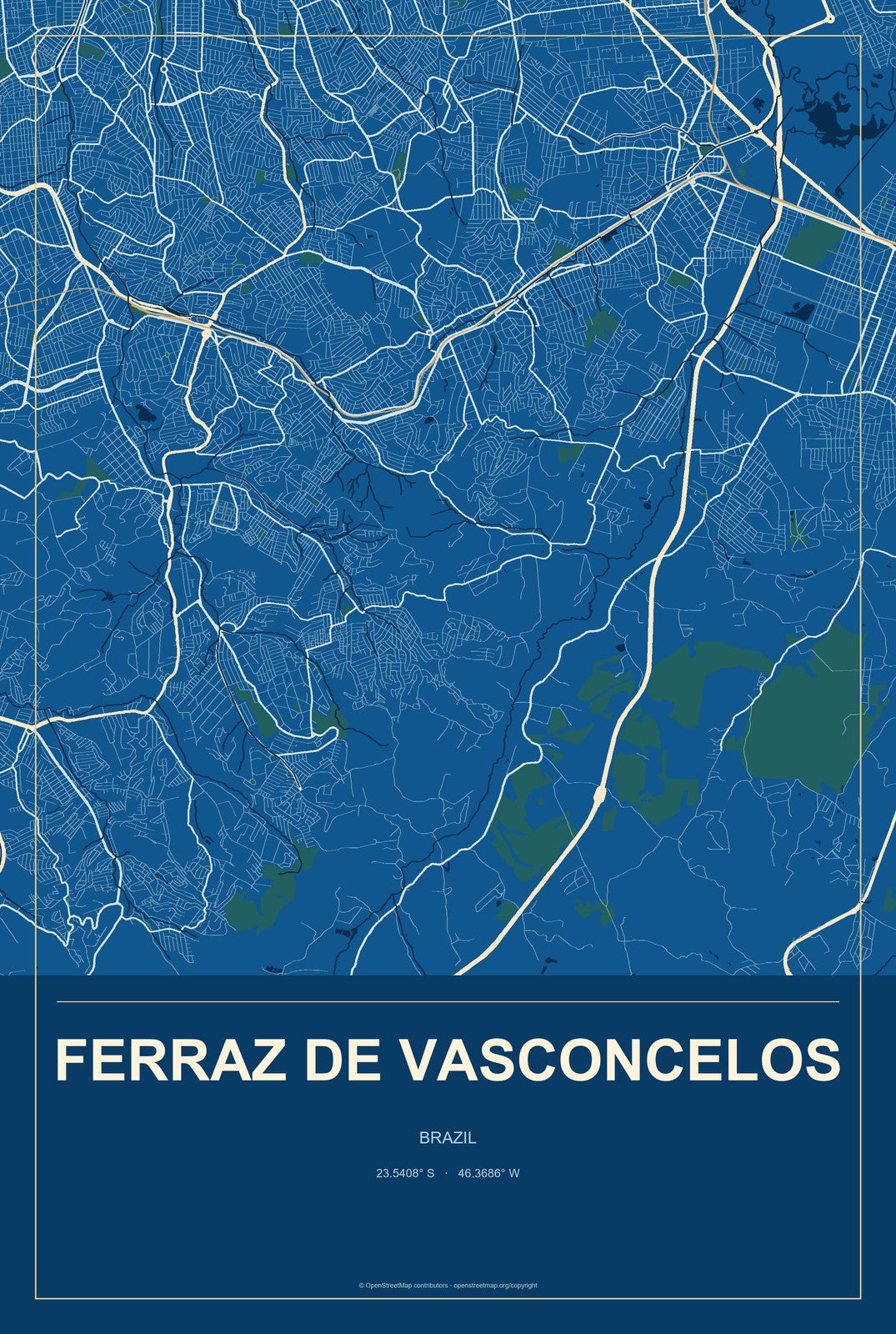 Ferraz de Vasconcelos, Brazil City Map Aluminum Sign in Harbor Cobalt style
