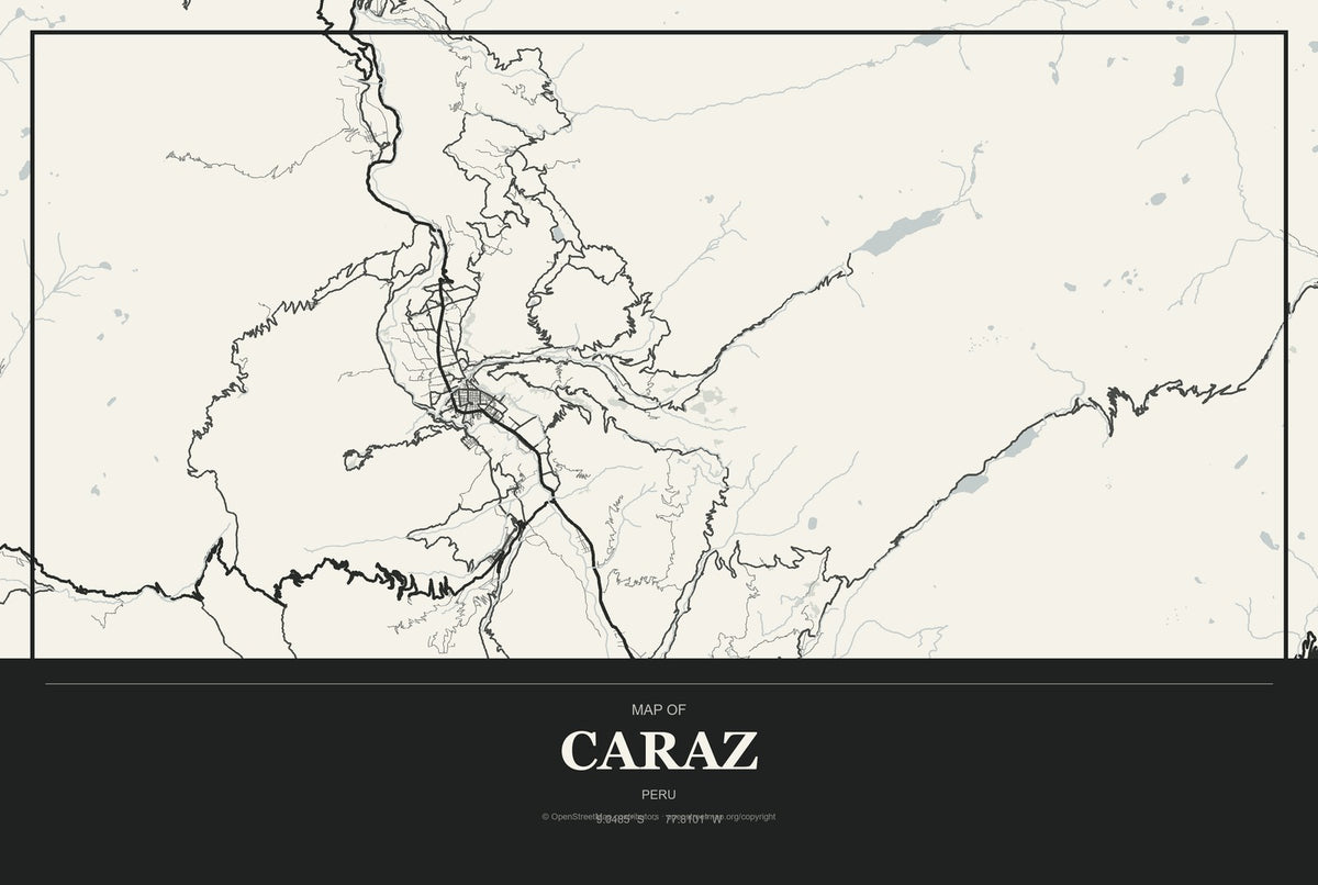 Caraz, Peru City Map Aluminum Sign in Museum Plaque style