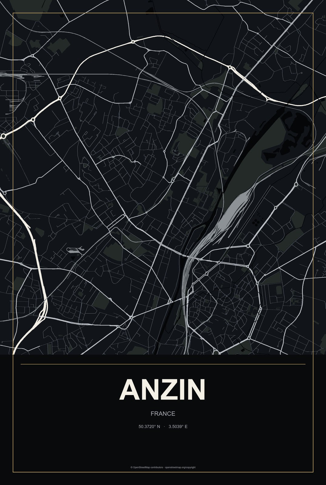 Anzin, France City Map Aluminum Sign in Metropolitan Noir style