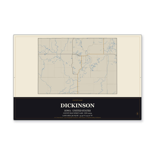 Dickinson County, Iowa Map Aluminum Sign in Museum Plaque style