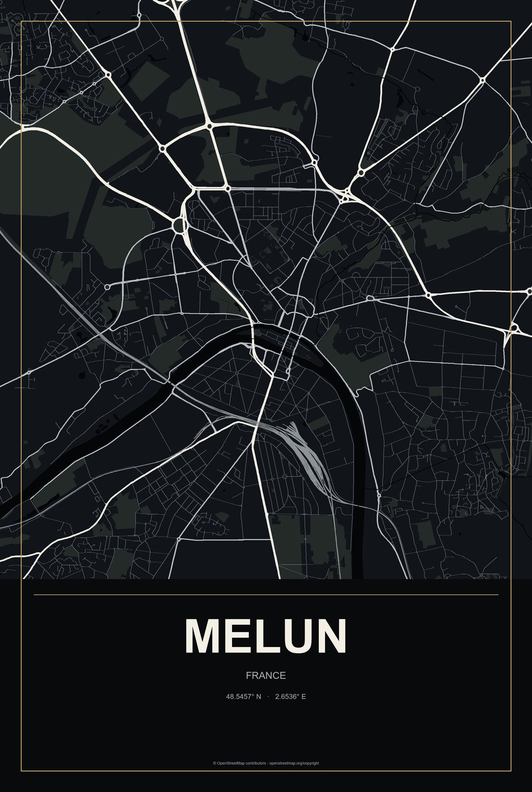Melun, France City Map Aluminum Sign in Metropolitan Noir style