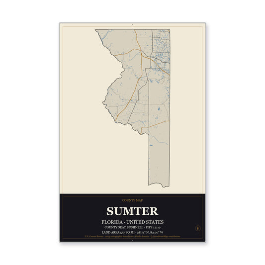 Sumter County, Florida Map Aluminum Sign in Museum Plaque style