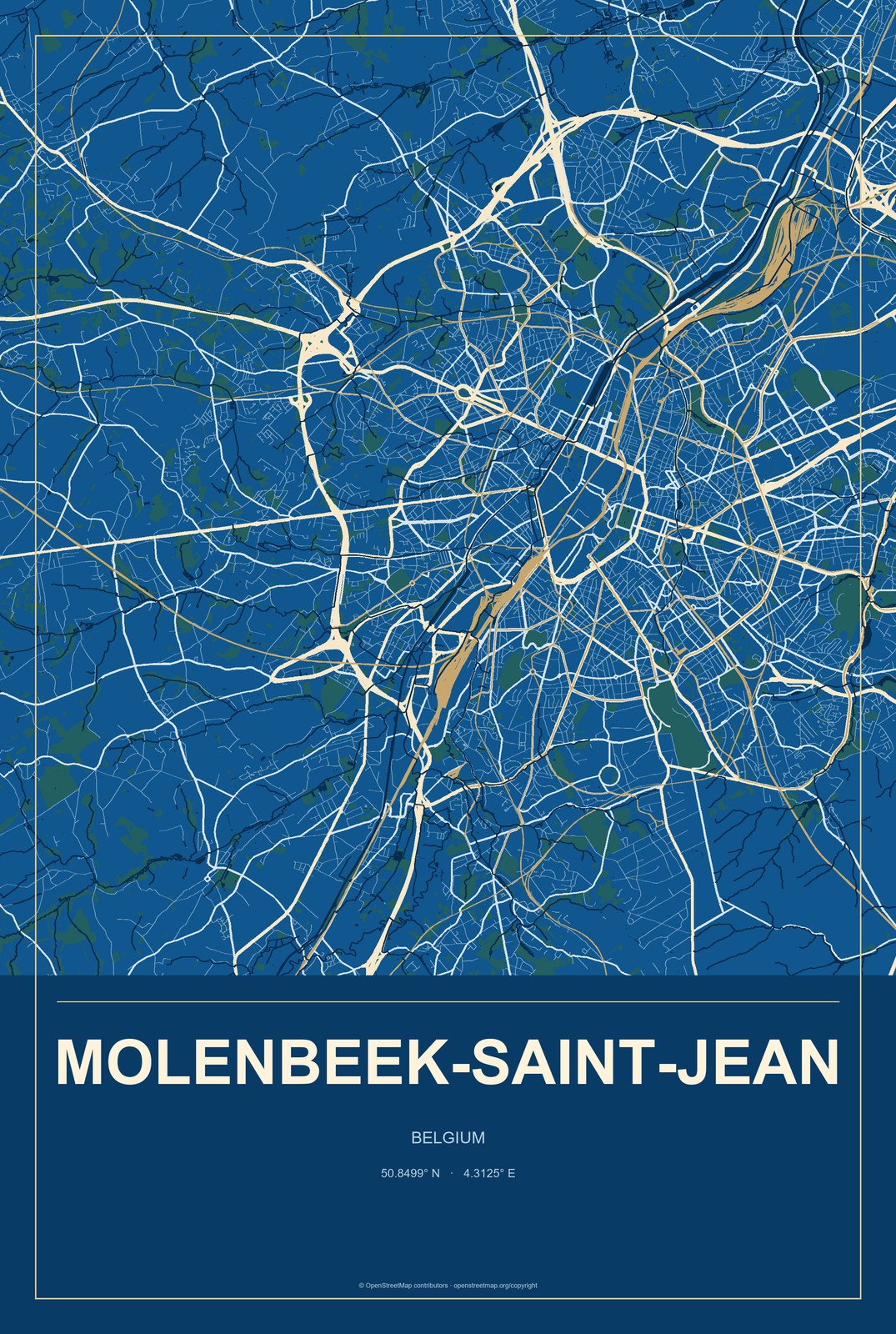 Molenbeek-Saint-Jean, Belgium City Map Aluminum Sign in Harbor Cobalt style