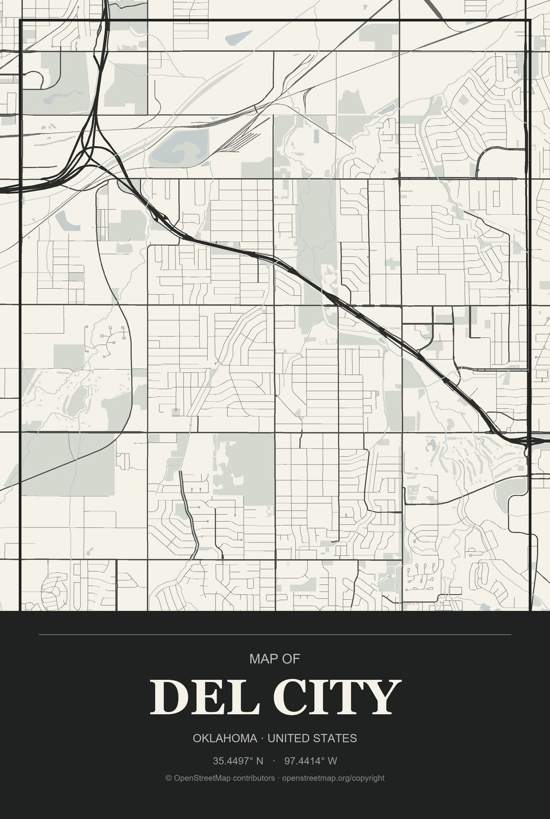 Del City, Oklahoma City Map Aluminum Sign in Museum Plaque style