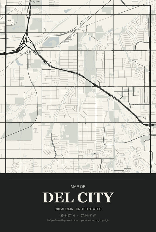 Del City, Oklahoma City Map Aluminum Sign in Museum Plaque style