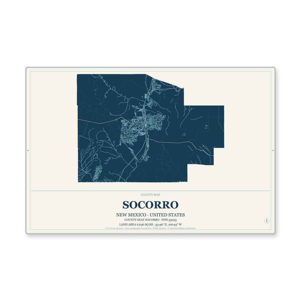 Socorro County, New Mexico Map Aluminum Sign in Coastal Cutout style