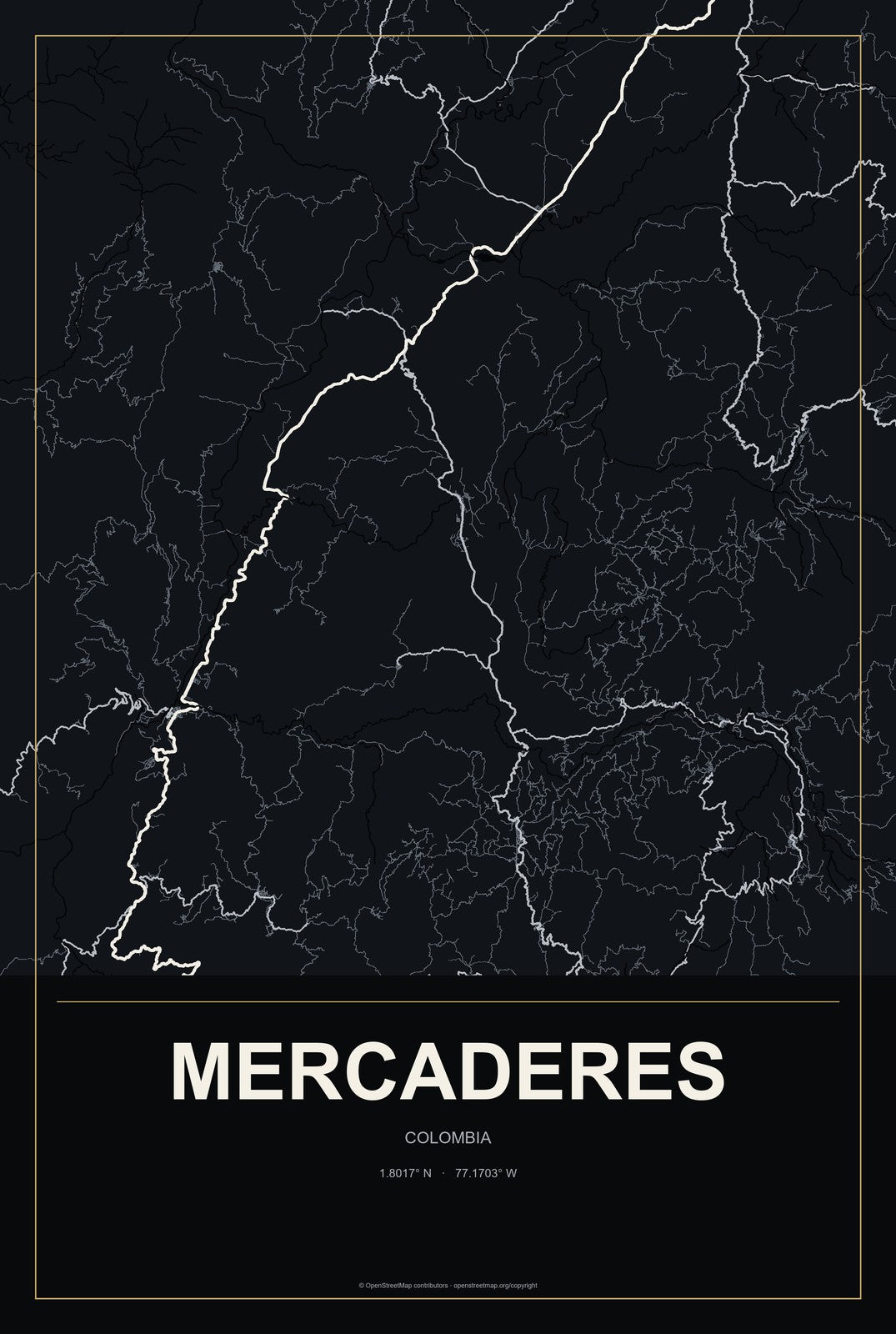 Mercaderes, Colombia City Map Aluminum Sign in Metropolitan Noir style