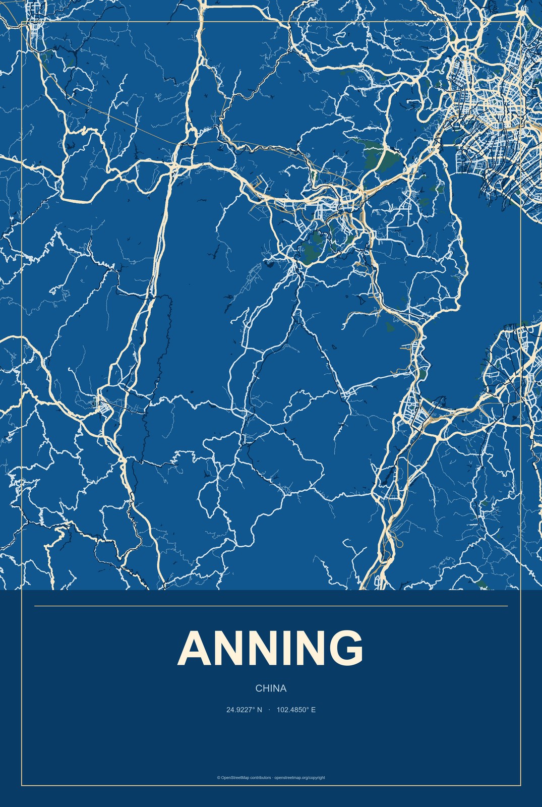 Anning, China City Map Aluminum Sign in Harbor Cobalt style