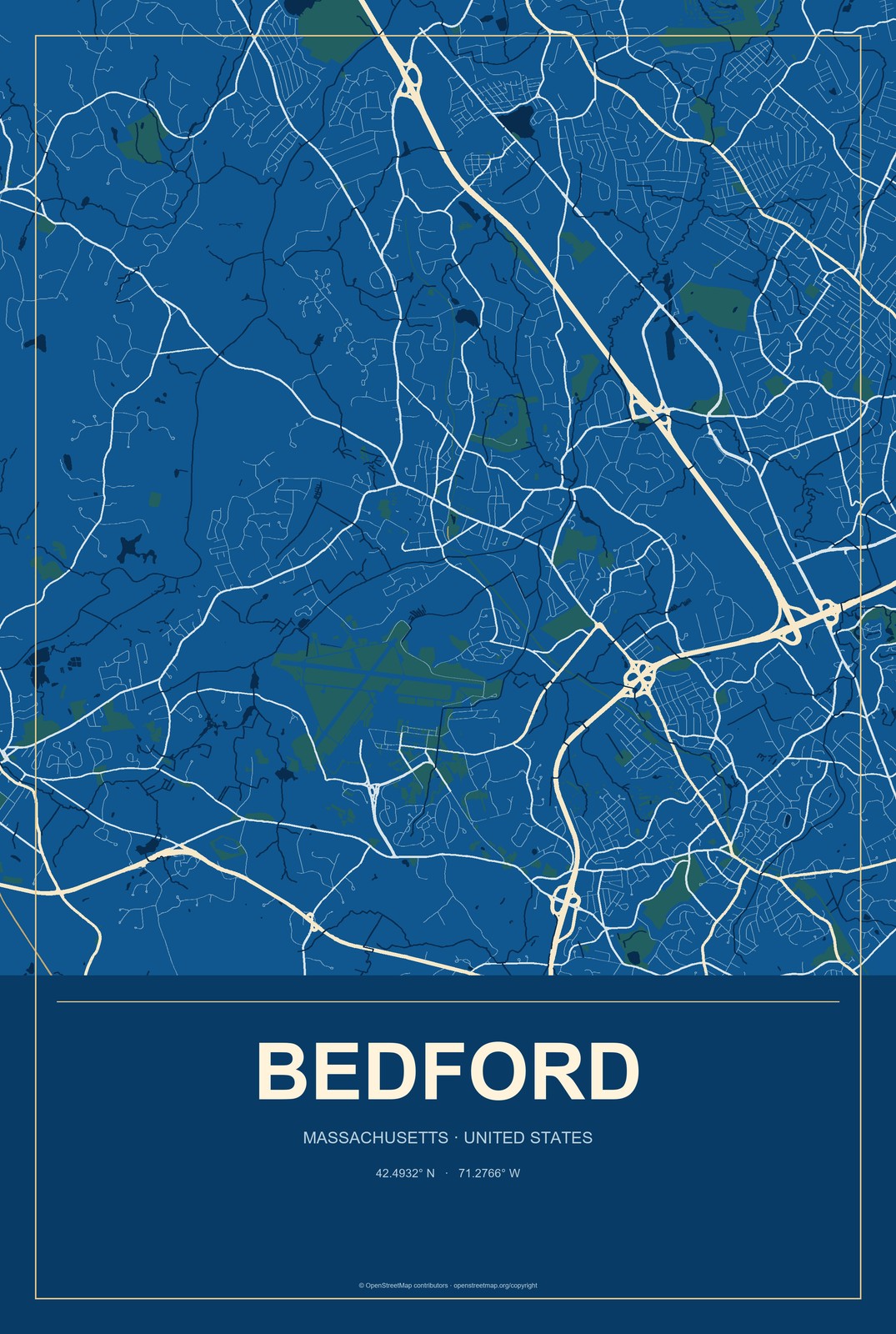 Bedford, Massachusetts City Map Aluminum Sign in Harbor Cobalt style