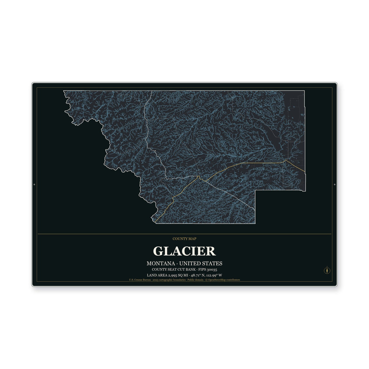 Glacier County, Montana Map Aluminum Sign in Metropolitan Noir style