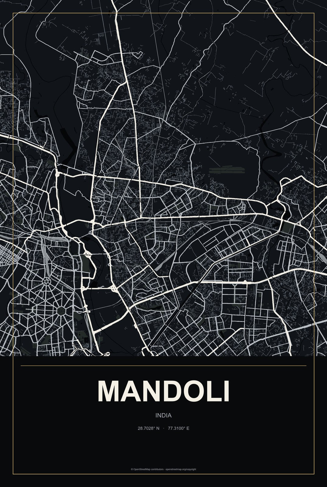 Mandoli, India City Map Aluminum Sign in Metropolitan Noir style