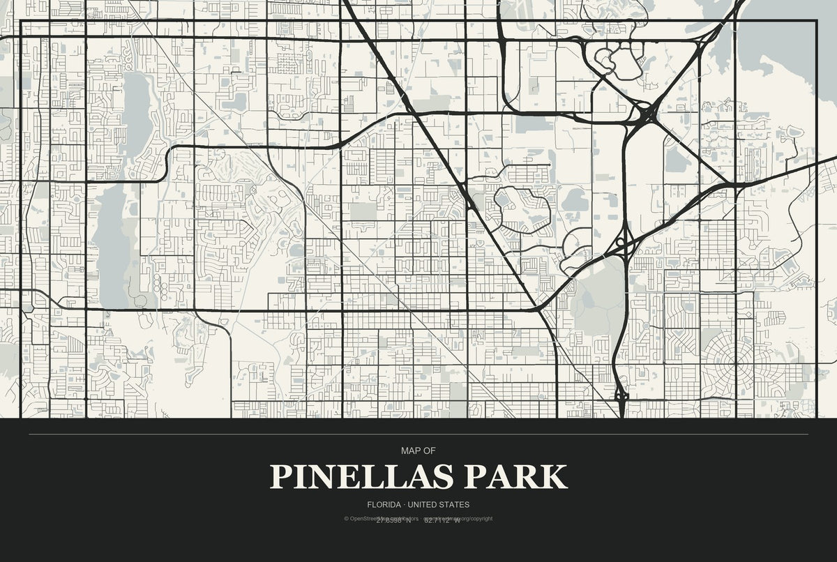 Pinellas Park, Florida City Map Aluminum Sign in Museum Plaque style