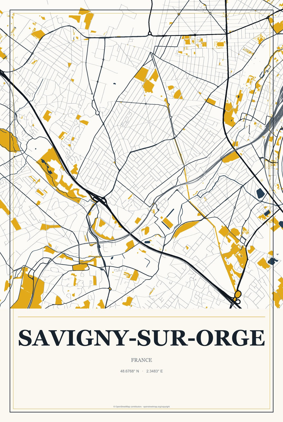 Savigny-sur-Orge, France City Map Aluminum Sign in Citrine Modern style
