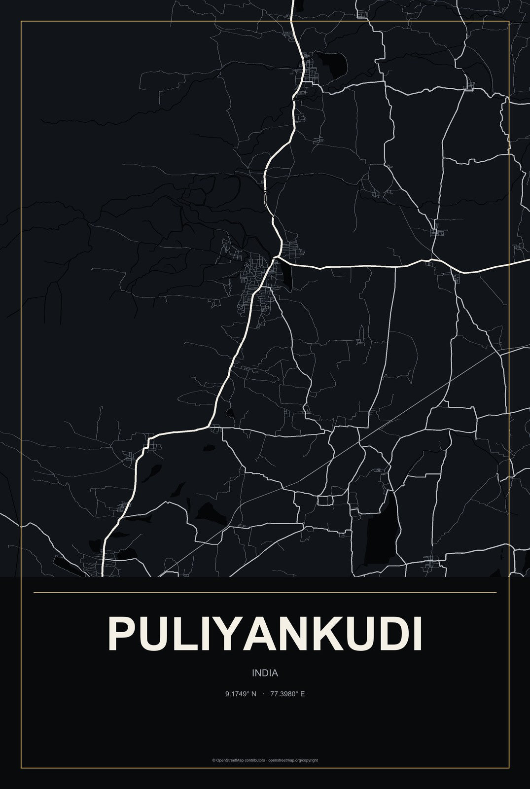 Puliyankudi, India City Map Aluminum Sign in Metropolitan Noir style