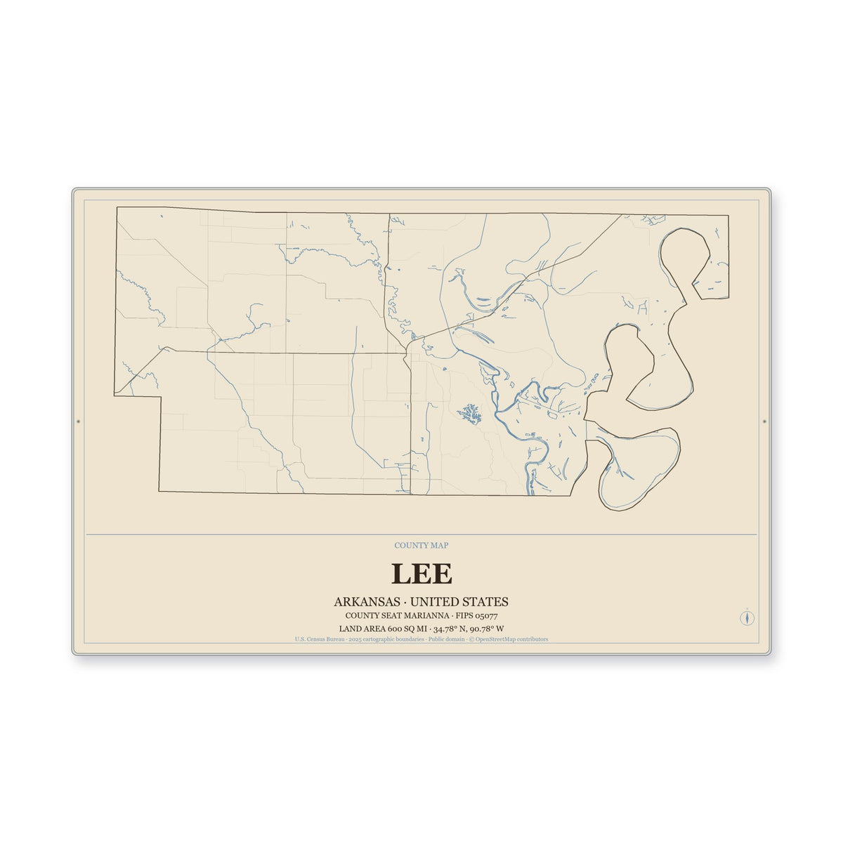 Lee County, Arkansas Map Aluminum Sign in Heritage Nautical style