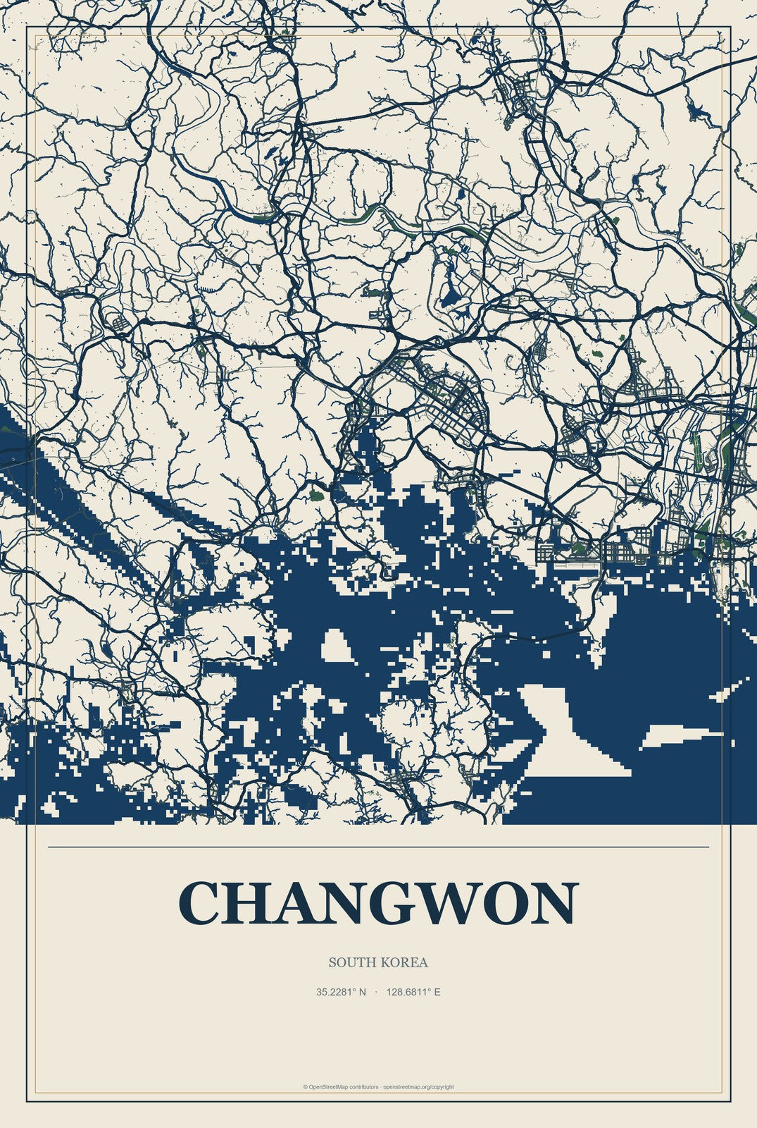 Changwon, South Korea City Map Aluminum Sign in Coastal Cutout style