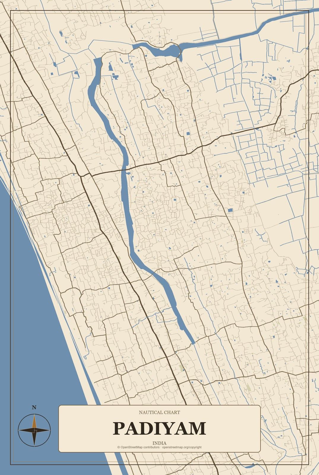 Padiyam, India City Map Aluminum Sign in Heritage Nautical style