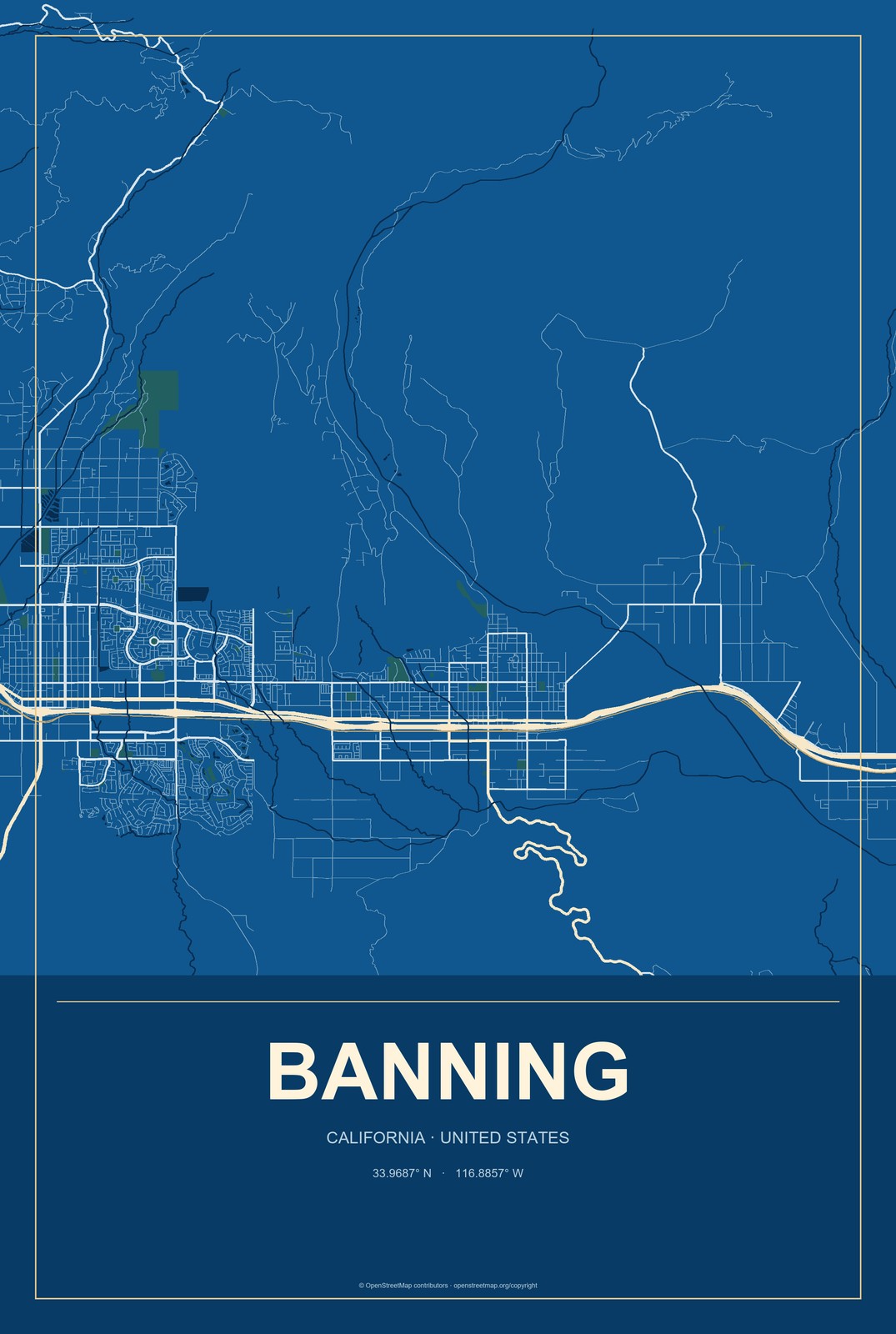 Banning, California City Map Aluminum Sign in Harbor Cobalt style