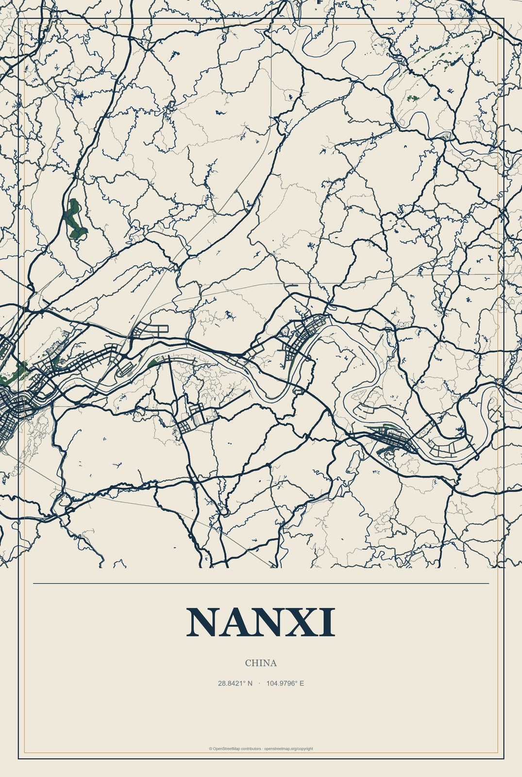 Nanxi, China City Map Aluminum Sign in Coastal Cutout style