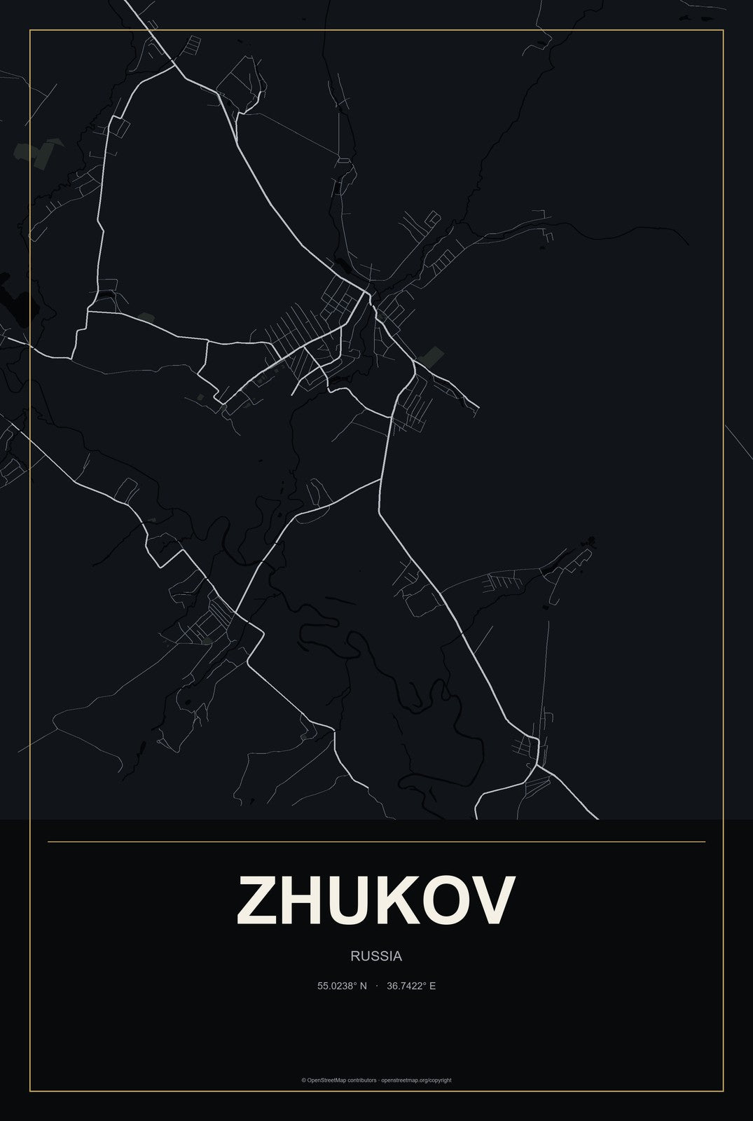 Zhukov, Russia City Map Aluminum Sign in Metropolitan Noir style