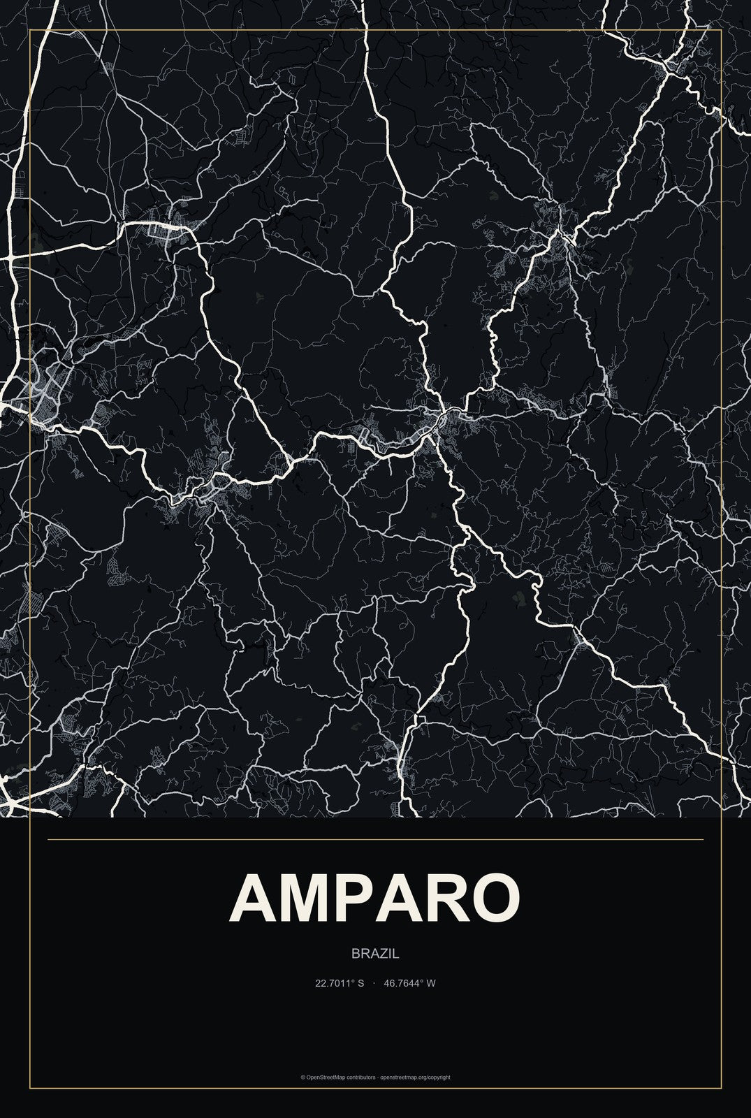 Amparo, Brazil City Map Aluminum Sign in Metropolitan Noir style
