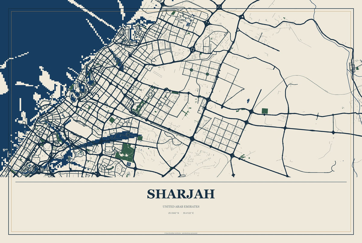 Sharjah, United Arab Emirates City Map Aluminum Sign in Coastal Cutout style