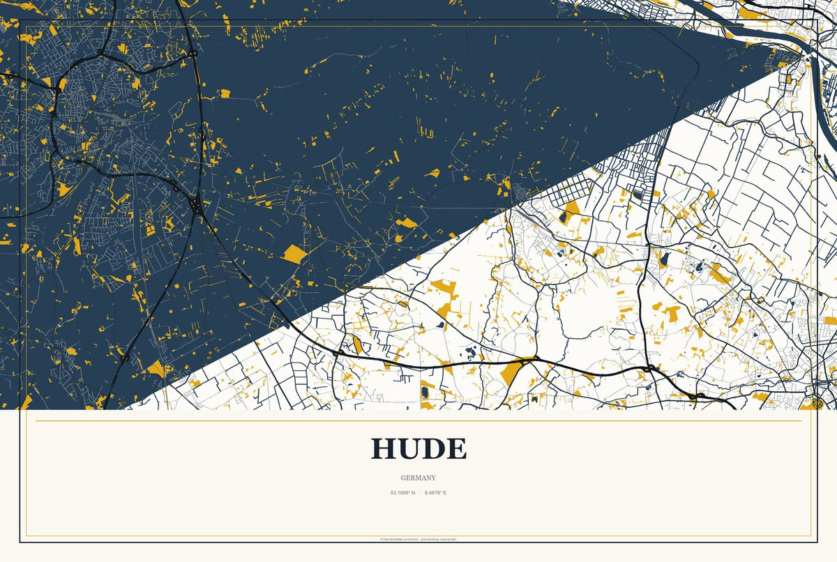Hude, Germany City Map Aluminum Sign in Citrine Modern style