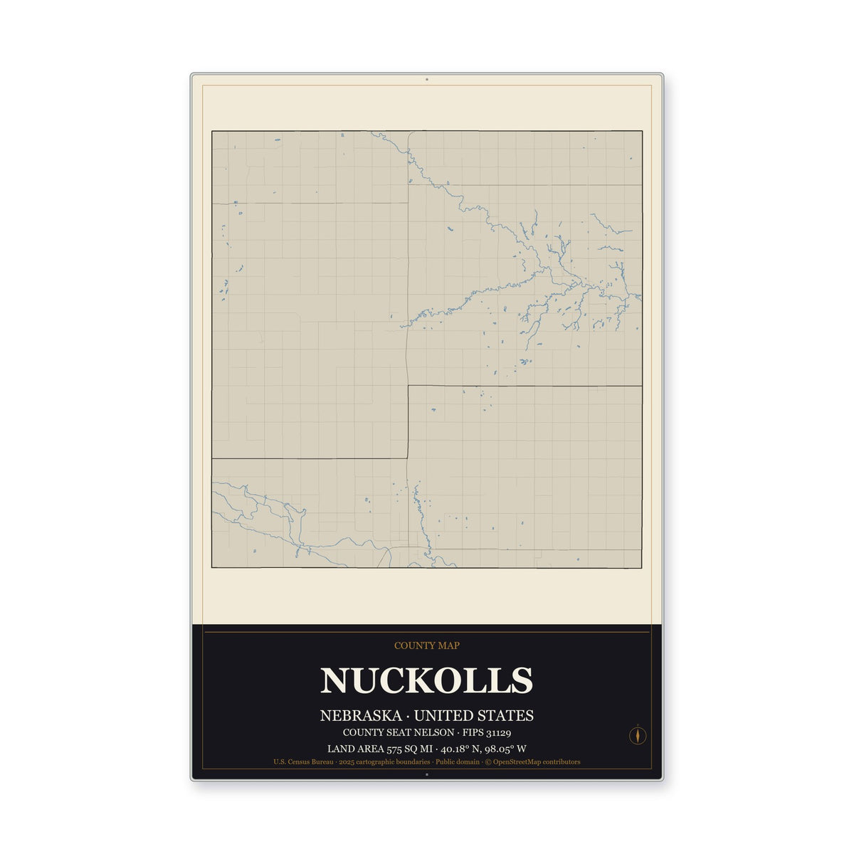 Nuckolls County, Nebraska Map Aluminum Sign in Museum Plaque style