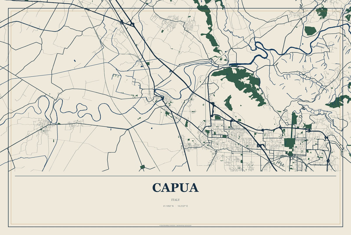 Capua, Italy City Map Aluminum Sign in Coastal Cutout style