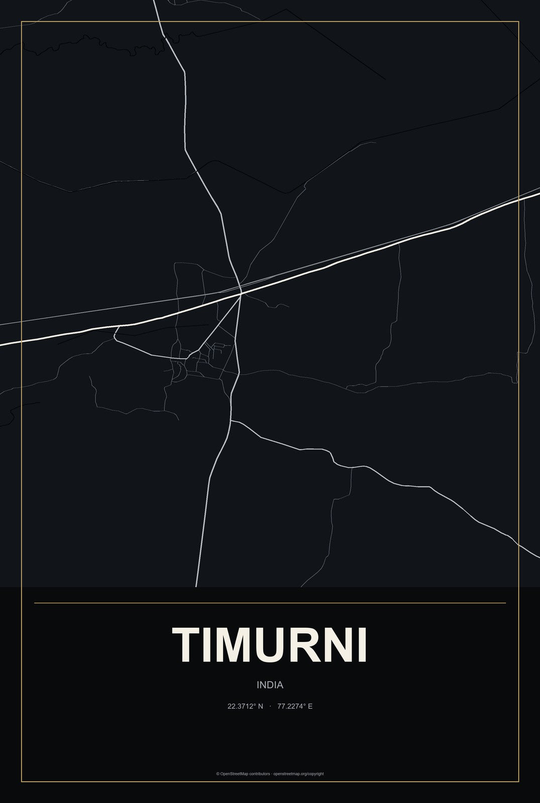 Timurni, India City Map Aluminum Sign in Metropolitan Noir style