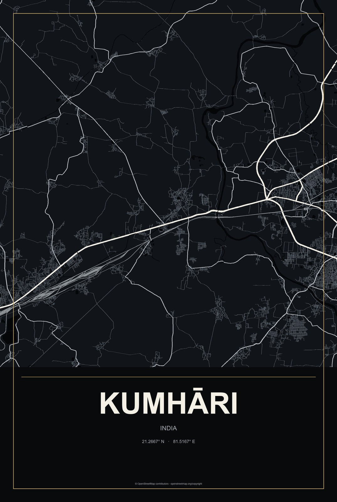 Kumhāri, India City Map Aluminum Sign in Metropolitan Noir style