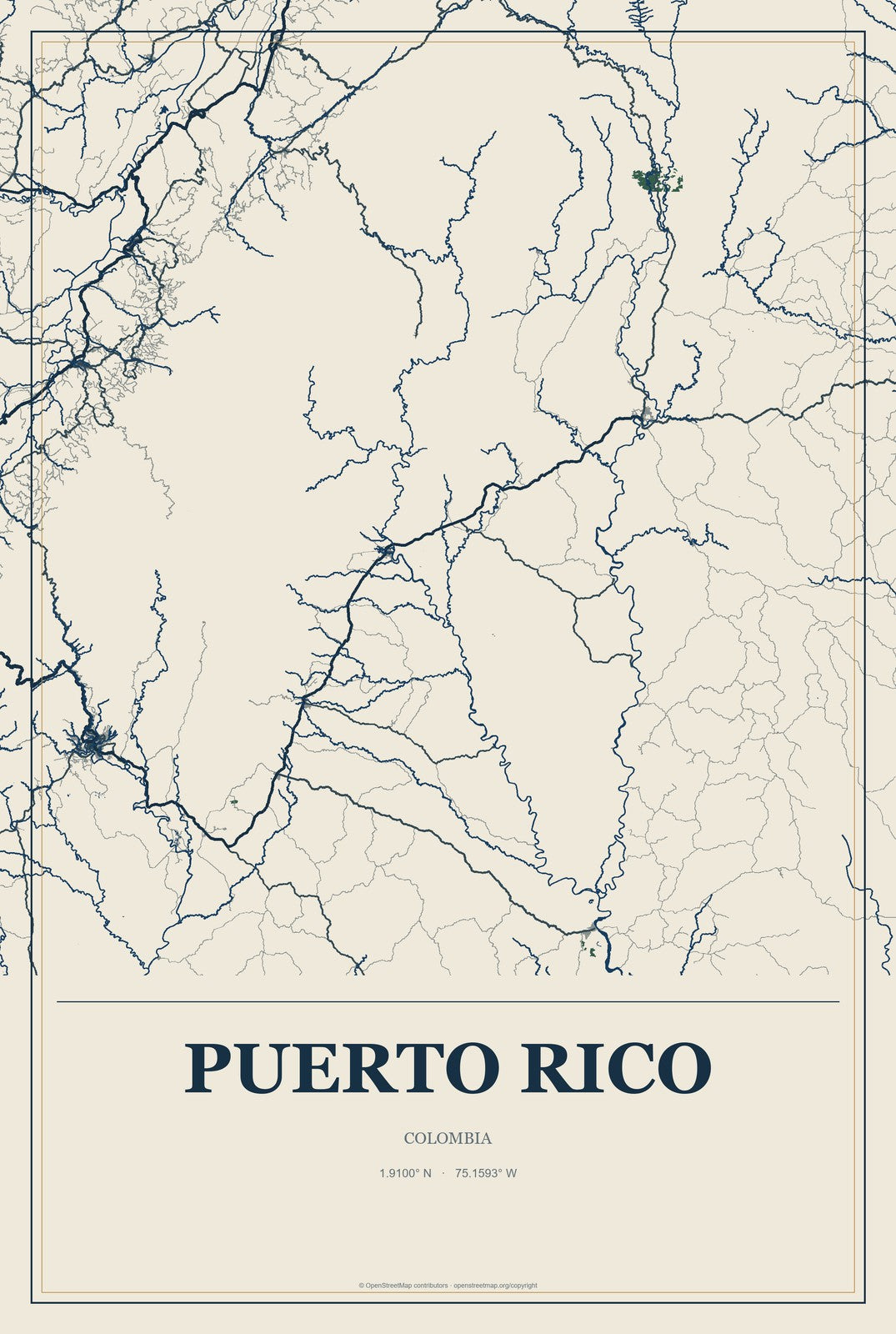 Puerto Rico, Colombia City Map Aluminum Sign in Coastal Cutout style
