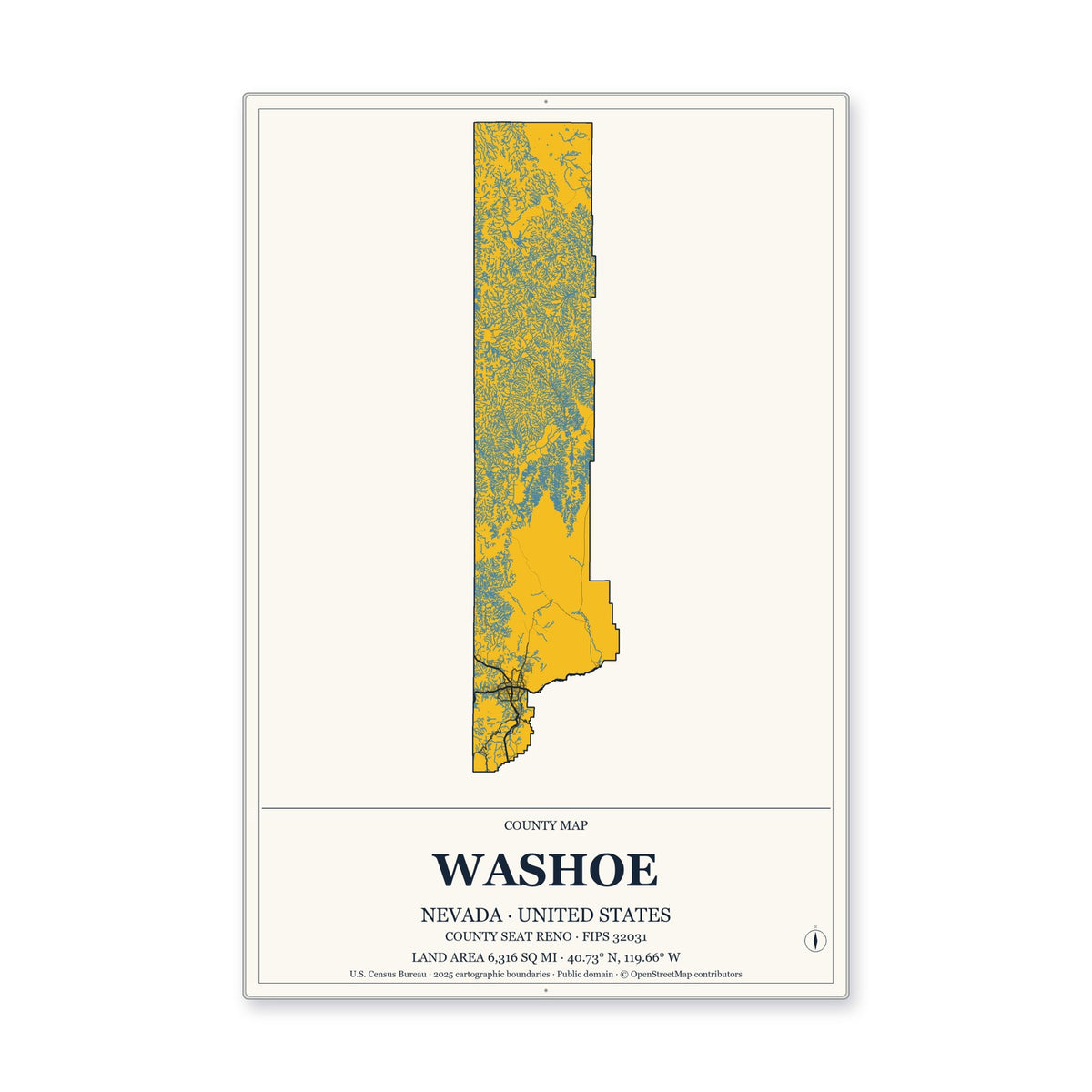 Washoe County, Nevada Map Aluminum Sign in Citrine Modern style