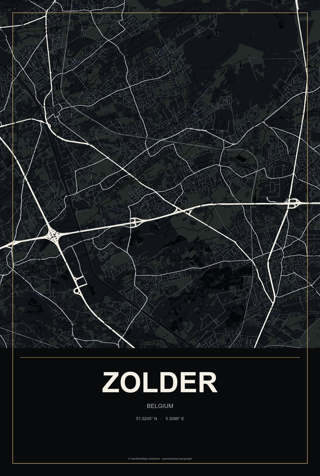 Zolder, Belgium City Map Aluminum Sign in Metropolitan Noir style