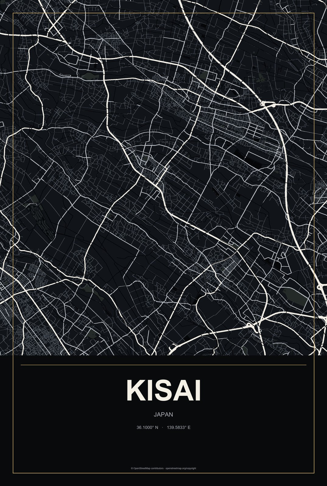 Kisai, Japan City Map Aluminum Sign in Metropolitan Noir style