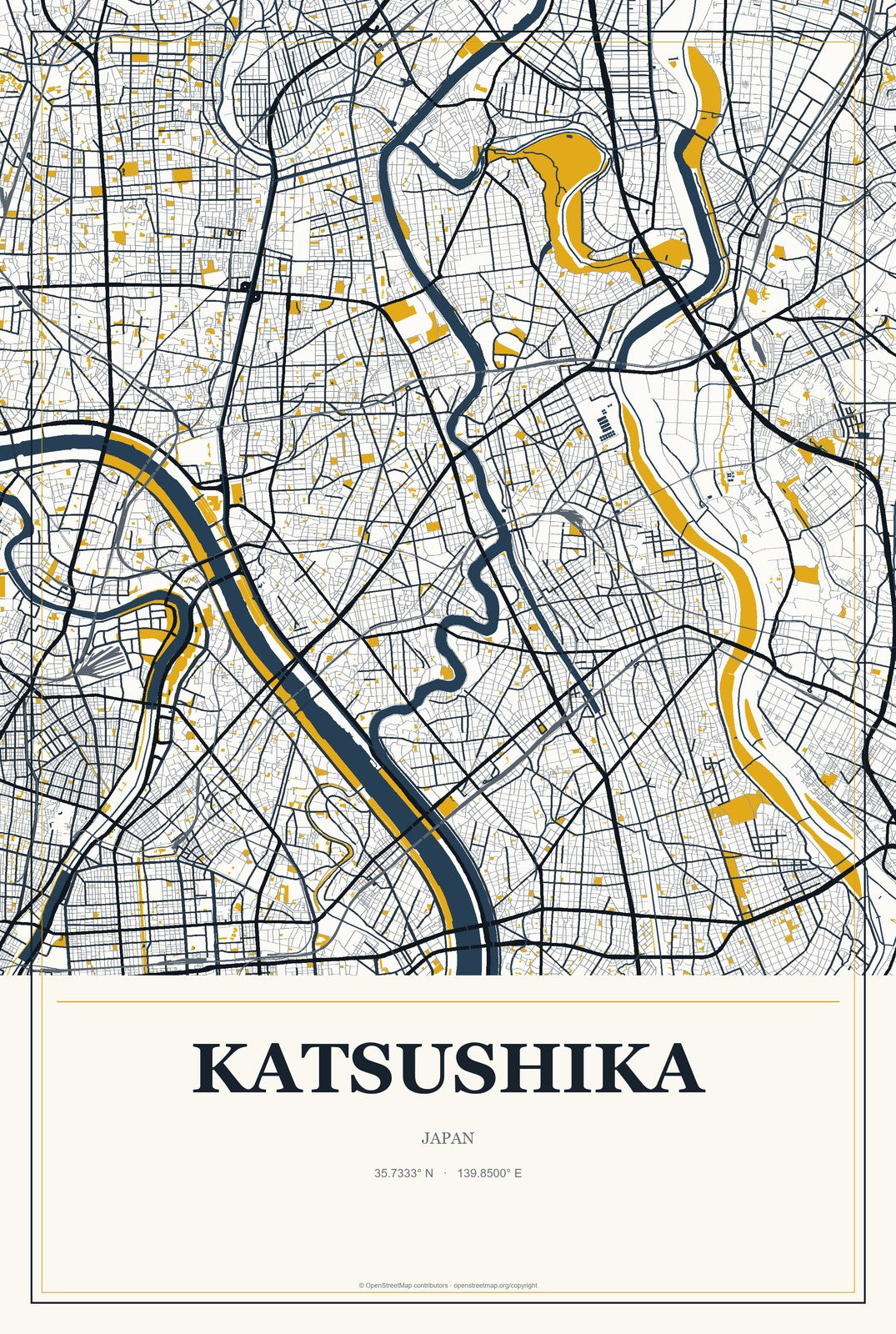 Katsushika, Japan City Map Aluminum Sign in Citrine Modern style