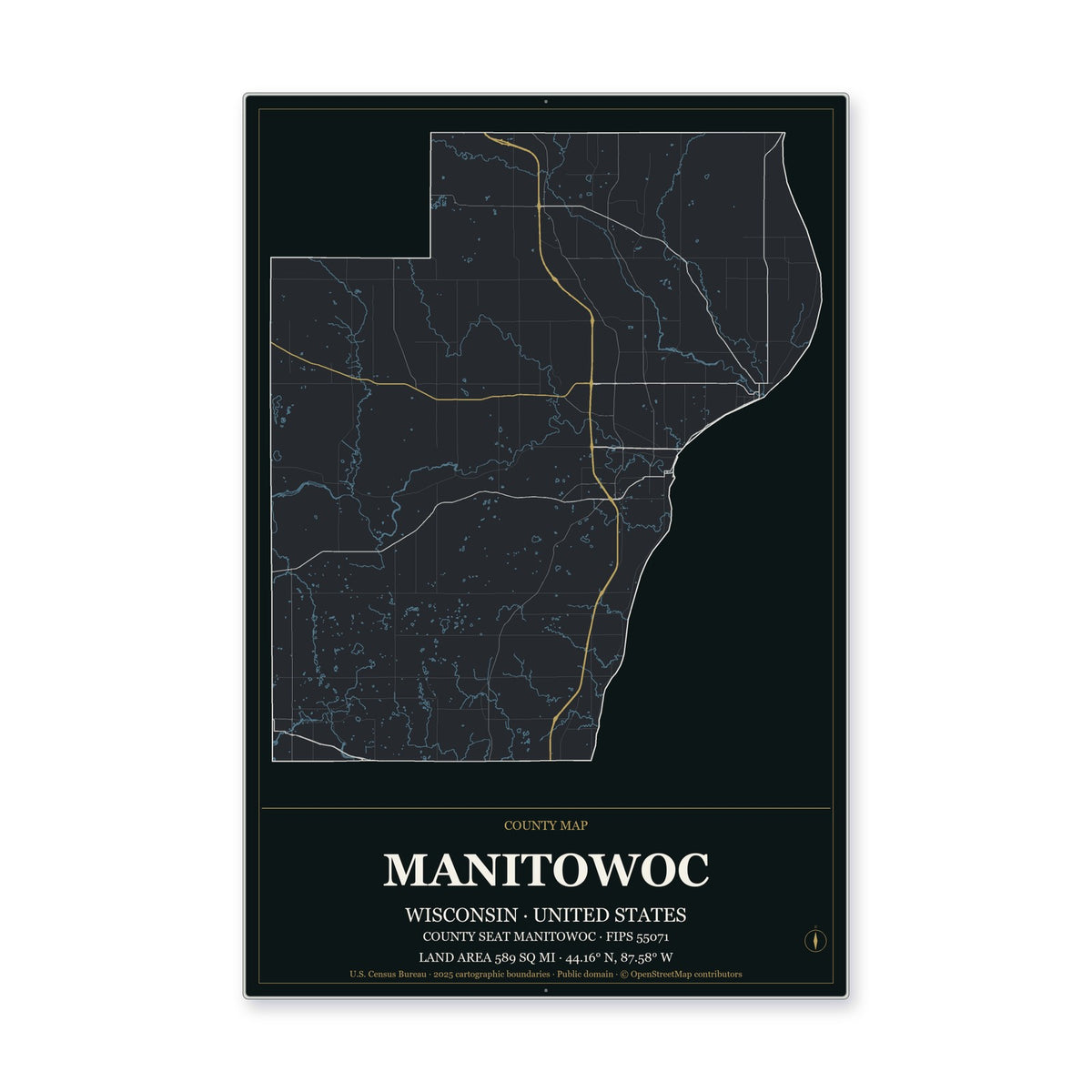 Manitowoc County, Wisconsin Map Aluminum Sign in Metropolitan Noir style