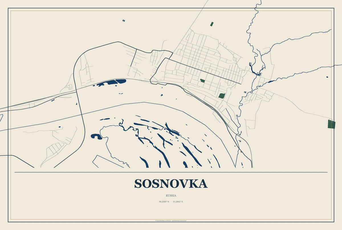 Sosnovka, Tambov Oblast, Russia City Map Aluminum Sign in Coastal Cutout style