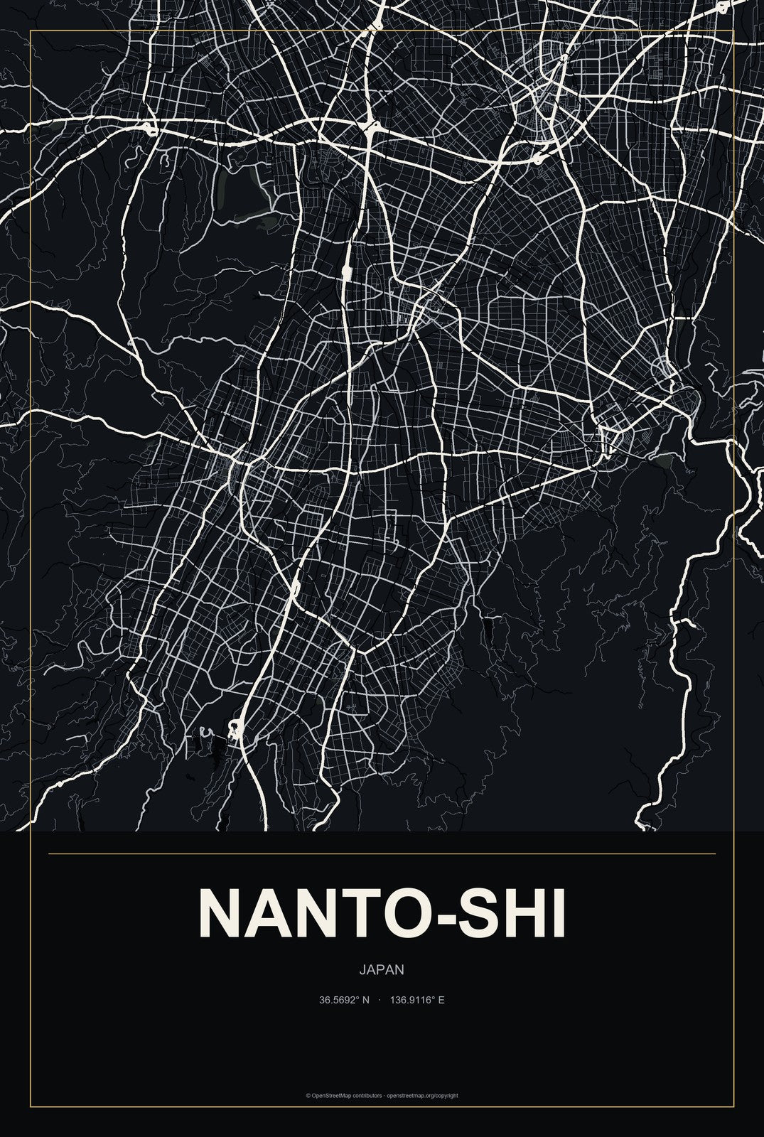 Nanto-shi, Japan City Map Aluminum Sign in Metropolitan Noir style