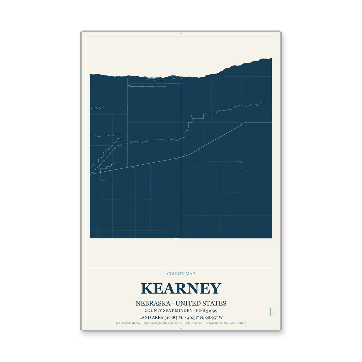 Kearney County, Nebraska Map Aluminum Sign in Coastal Cutout style