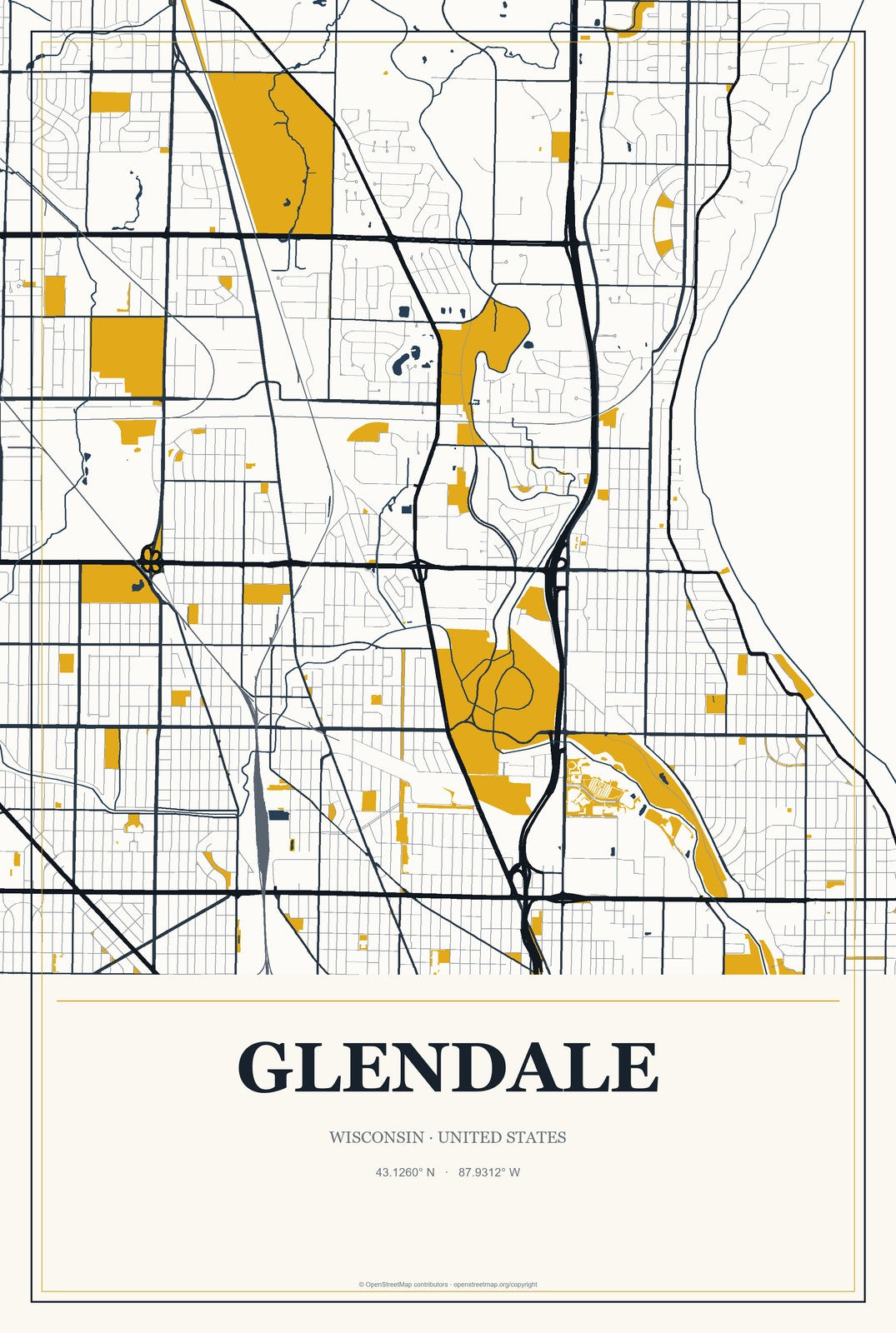 Glendale, Wisconsin City Map Aluminum Sign in Citrine Modern style